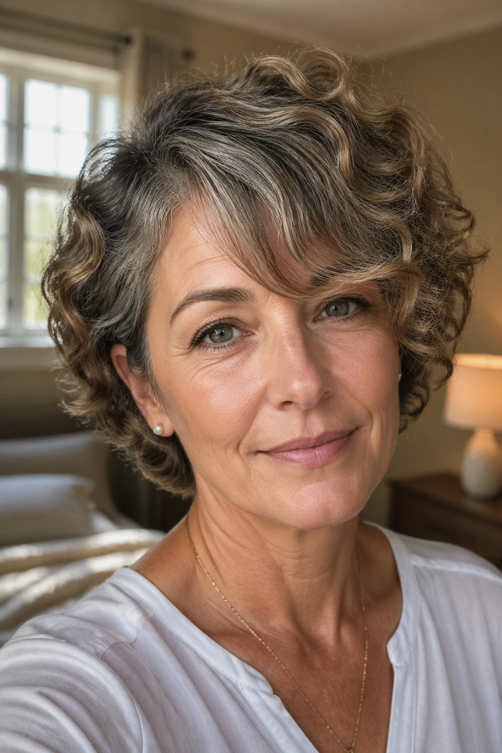 Close-up of a real woman with a nape-length crop with side sweep hairstyle