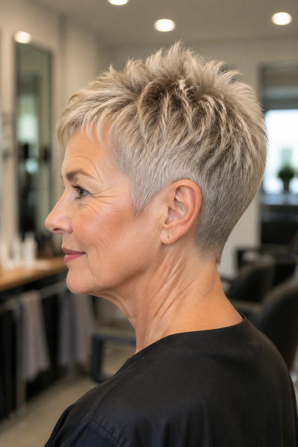 Close-up of a real woman with a nape-tapered boyish crop and exposed neck