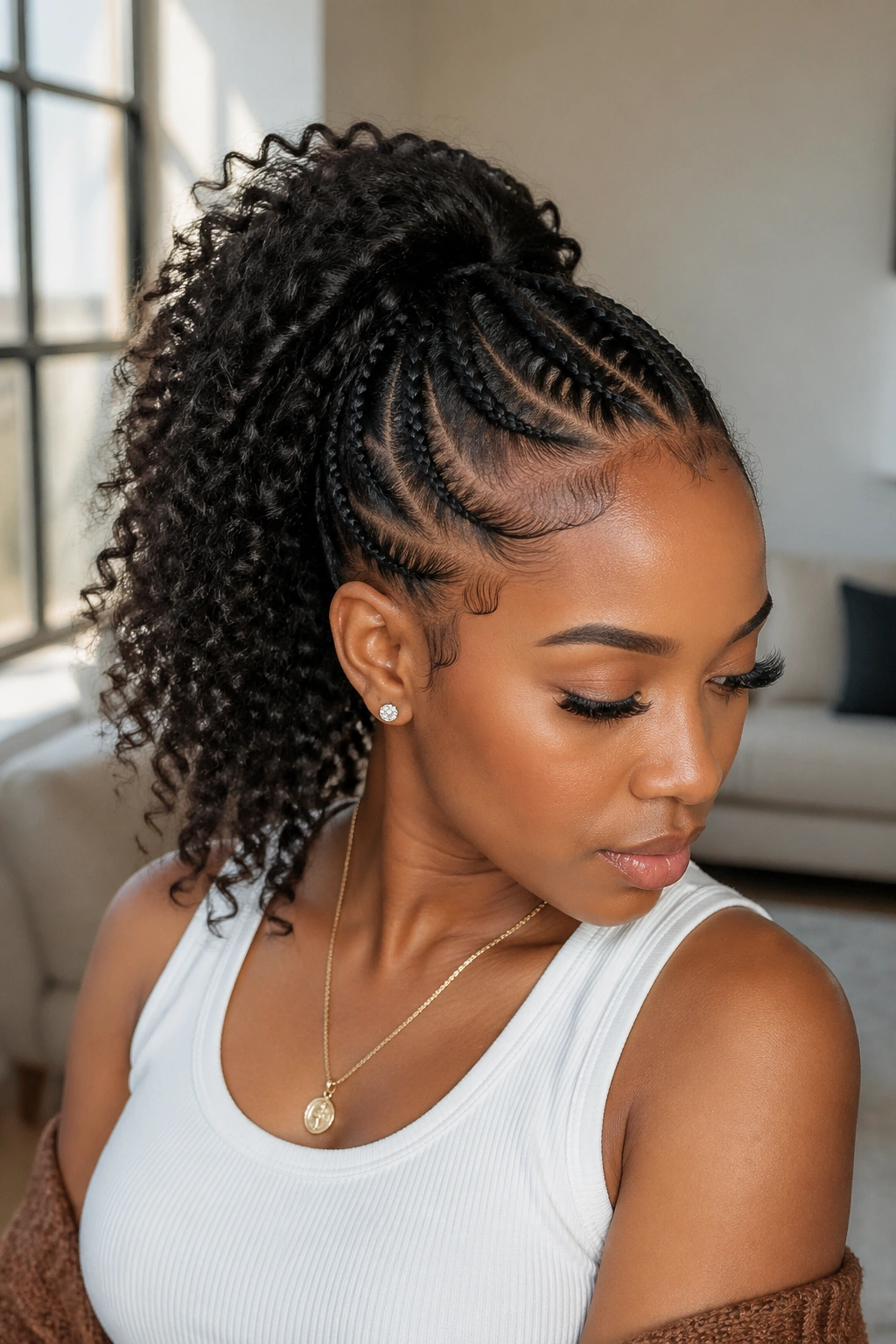 Close-up of a woman with natural curls and braids in a ponytail