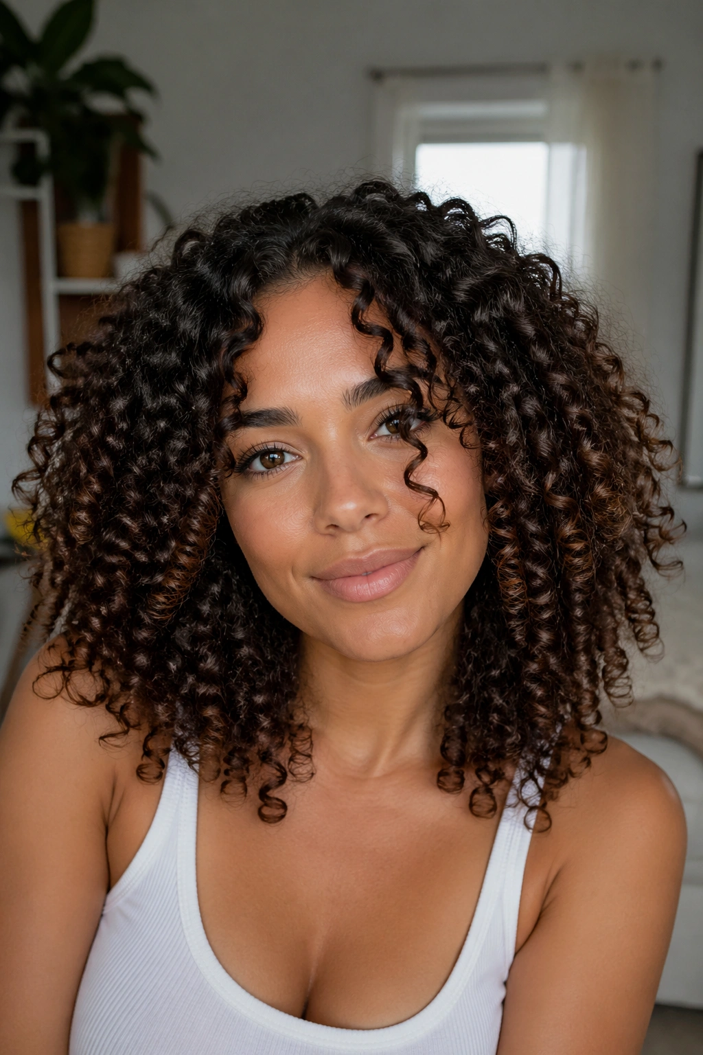 Close-up of a real woman with defined natural curls and hydrated shine