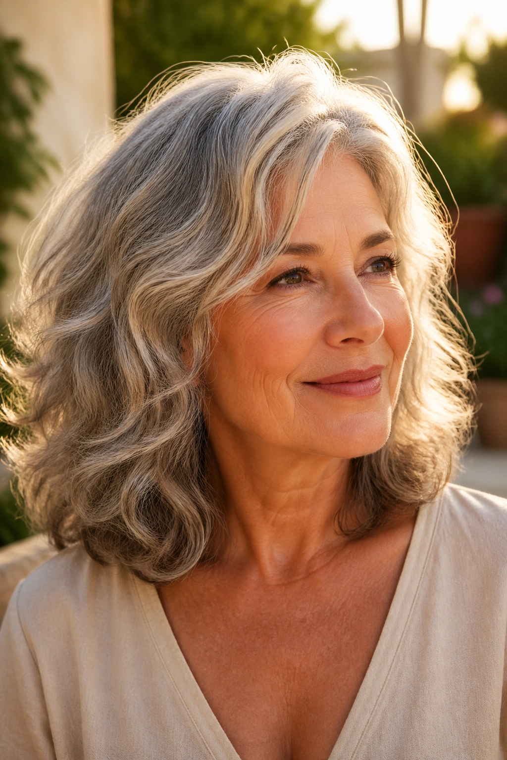 Real woman with natural waves in medium-length hair outdoors