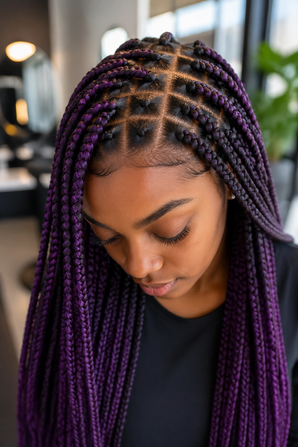 Neatly parted knotless braids with grid parting on a real person