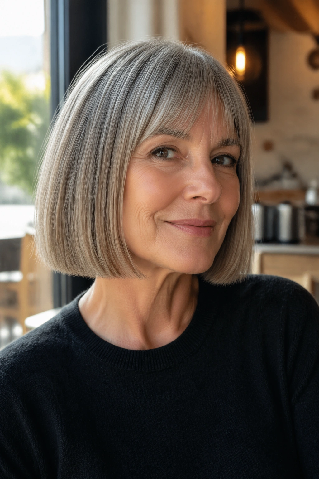 Close-up of a real woman with a neck-length blunt bob in warm cafe light