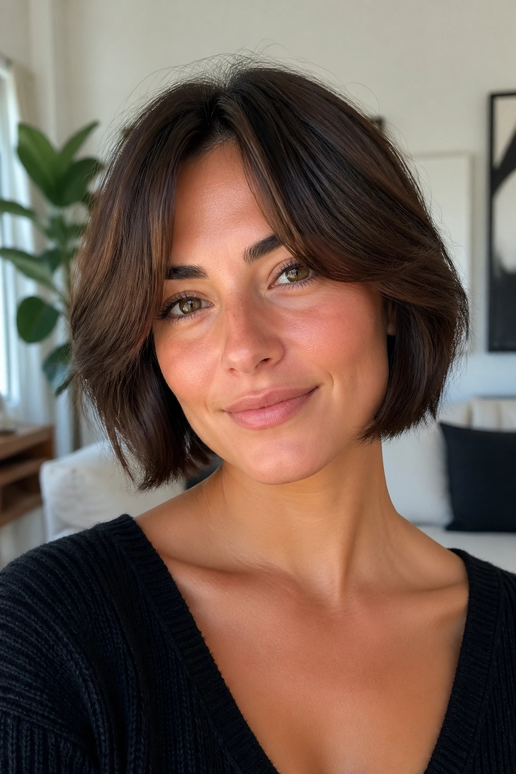 Close-up of a real woman with a neck-length bob and curtain bangs swept to the sides.