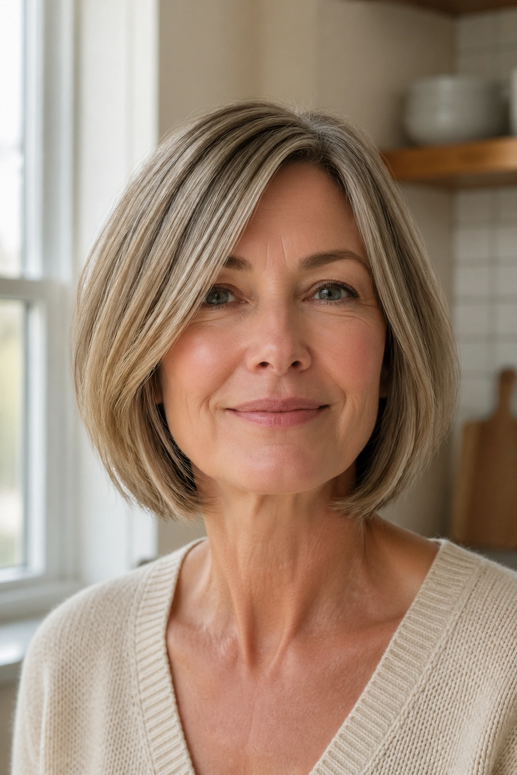 Close-up of a real woman with neck-length bob and invisible layers in natural light.
