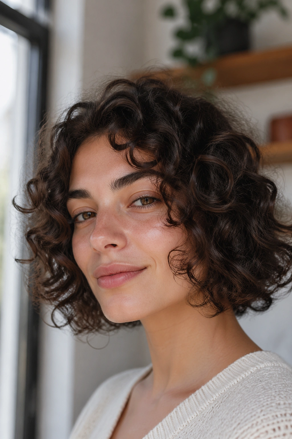 Real woman with neck-length curly bob and soft ends close-up