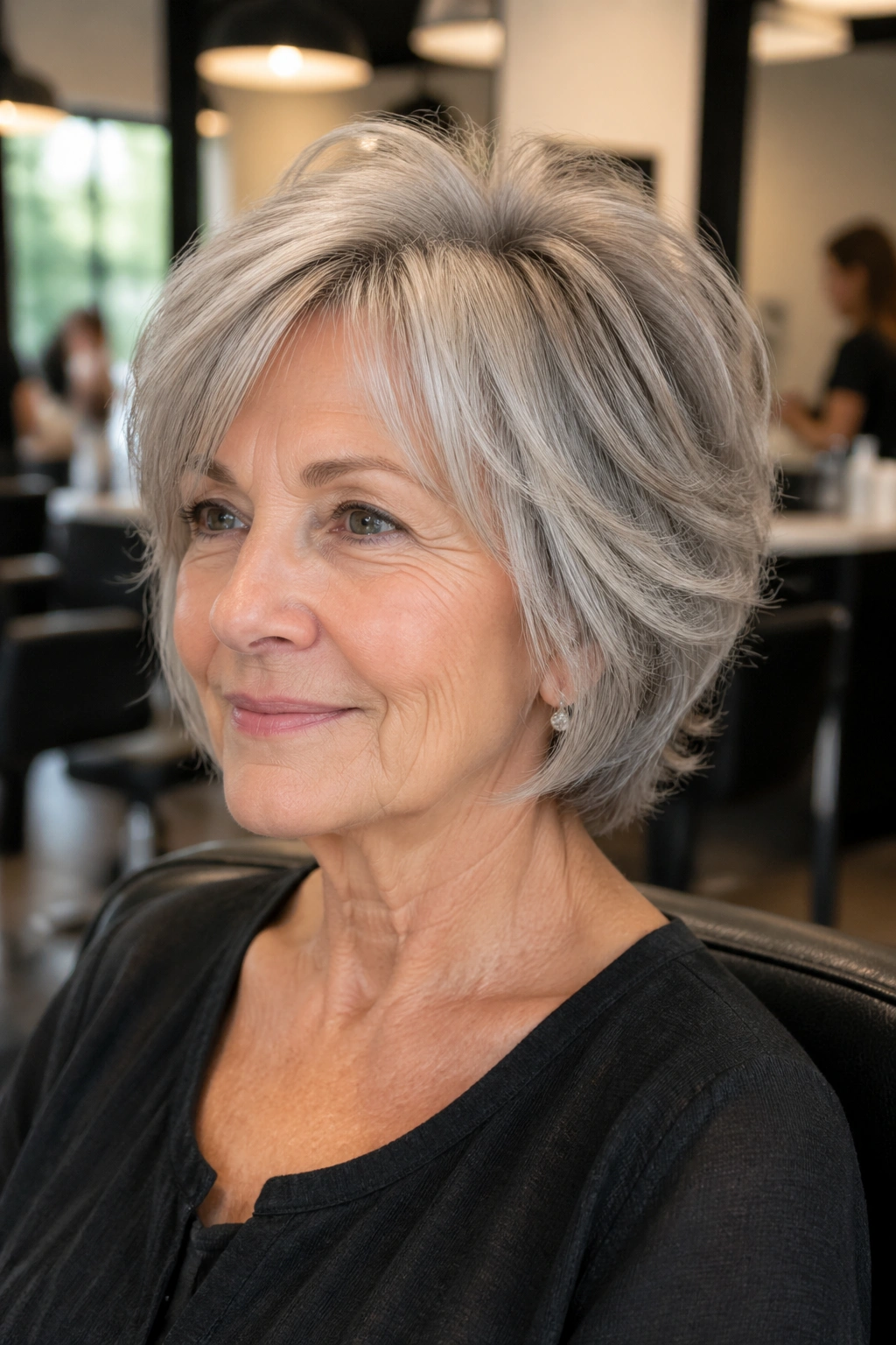 Portrait of a woman with neck-length layered cut and crown volume