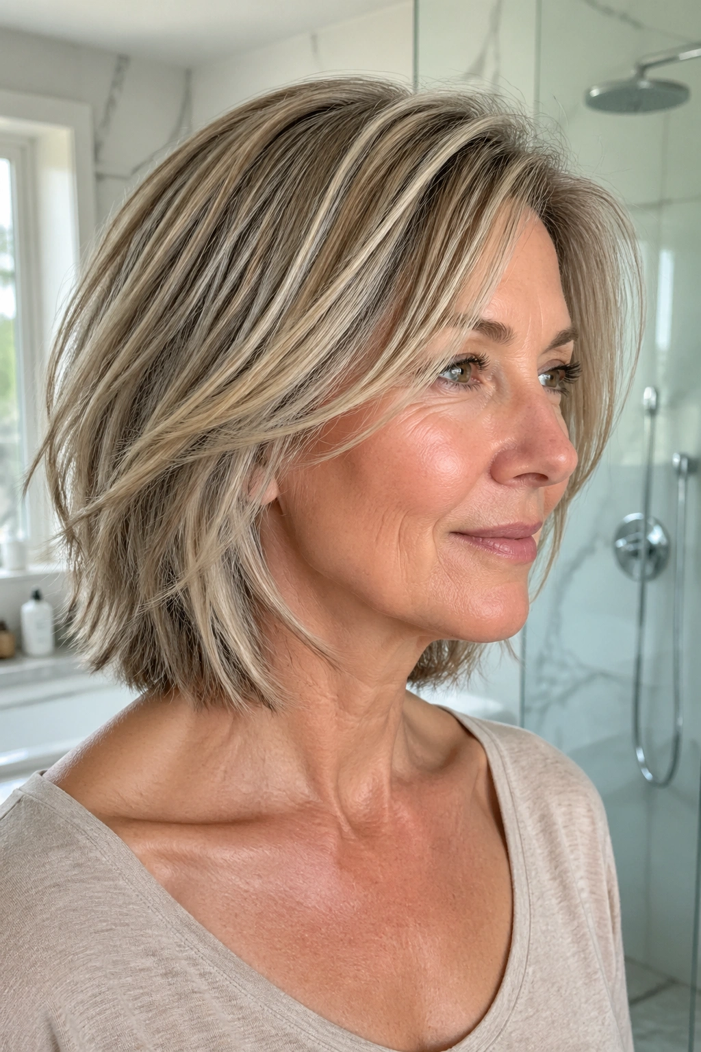 Close-up portrait of a real woman with neck-length razor cut.