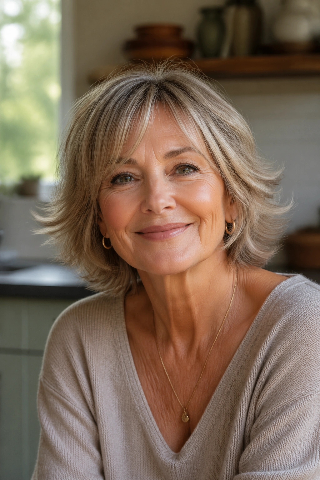 Portrait of a real woman with neck-length shag and flicked-out ends in a cozy kitchen