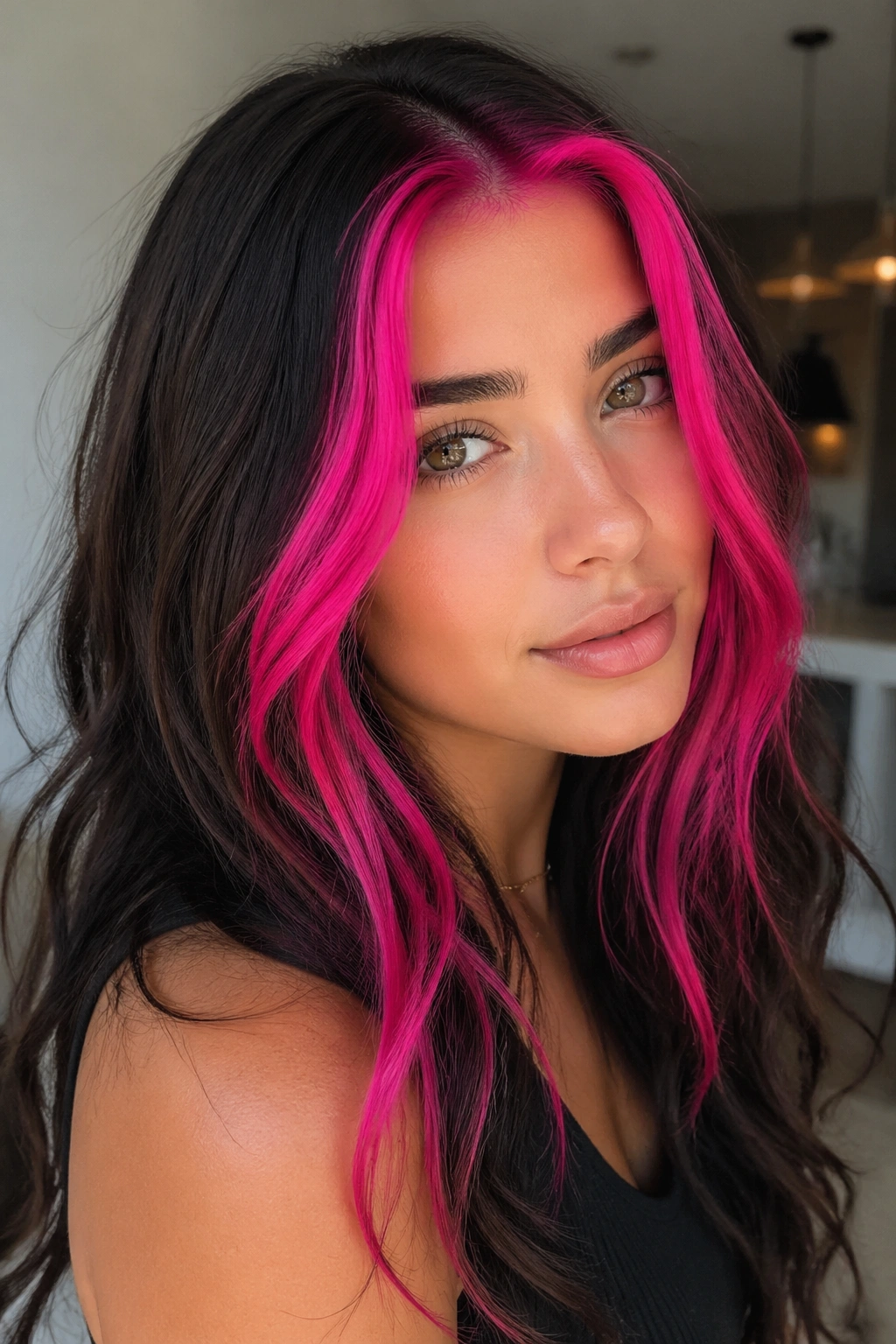 Portrait of a woman with neon magenta money piece at the front