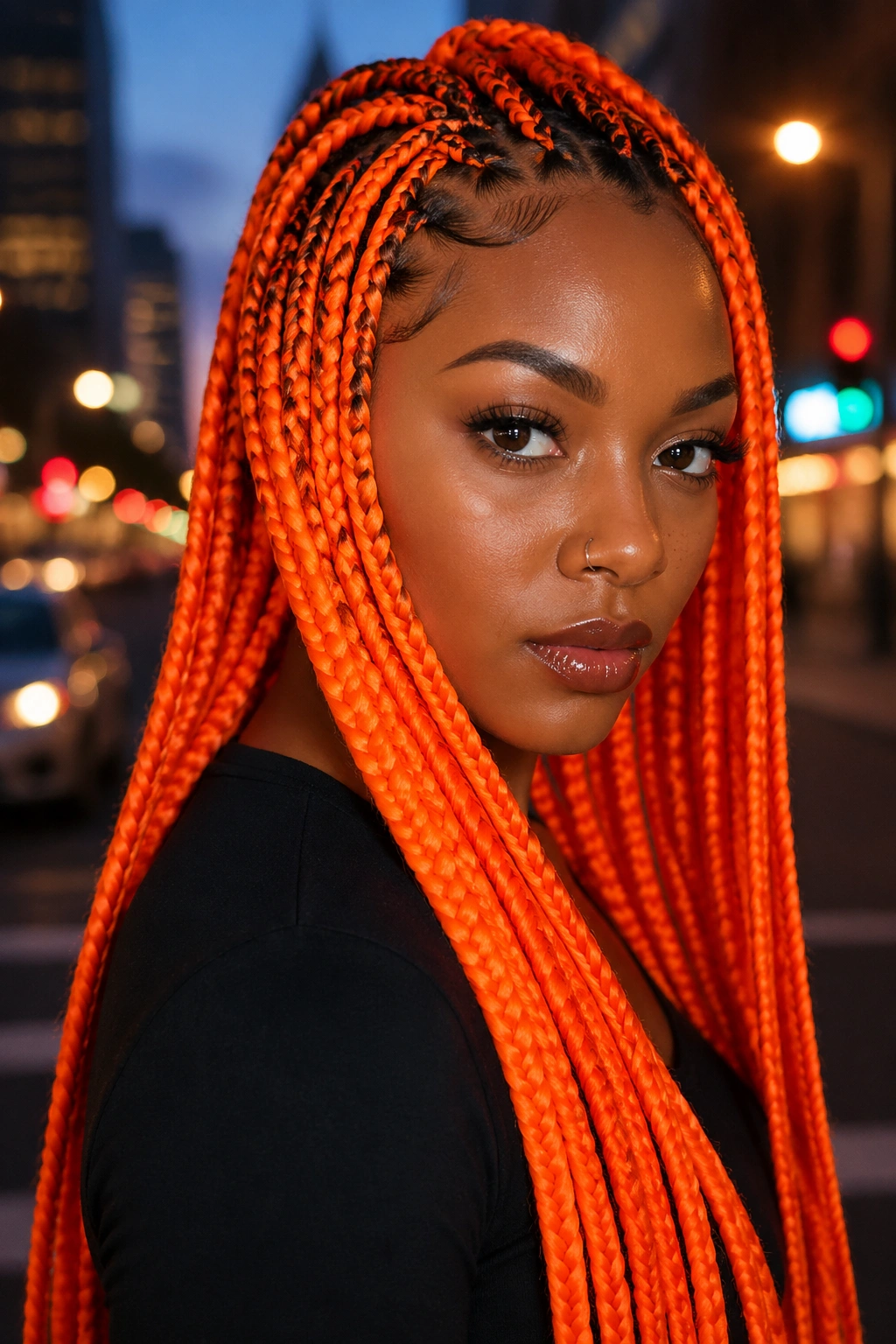Close-up of a real person with neon orange box braids on an urban street backdrop