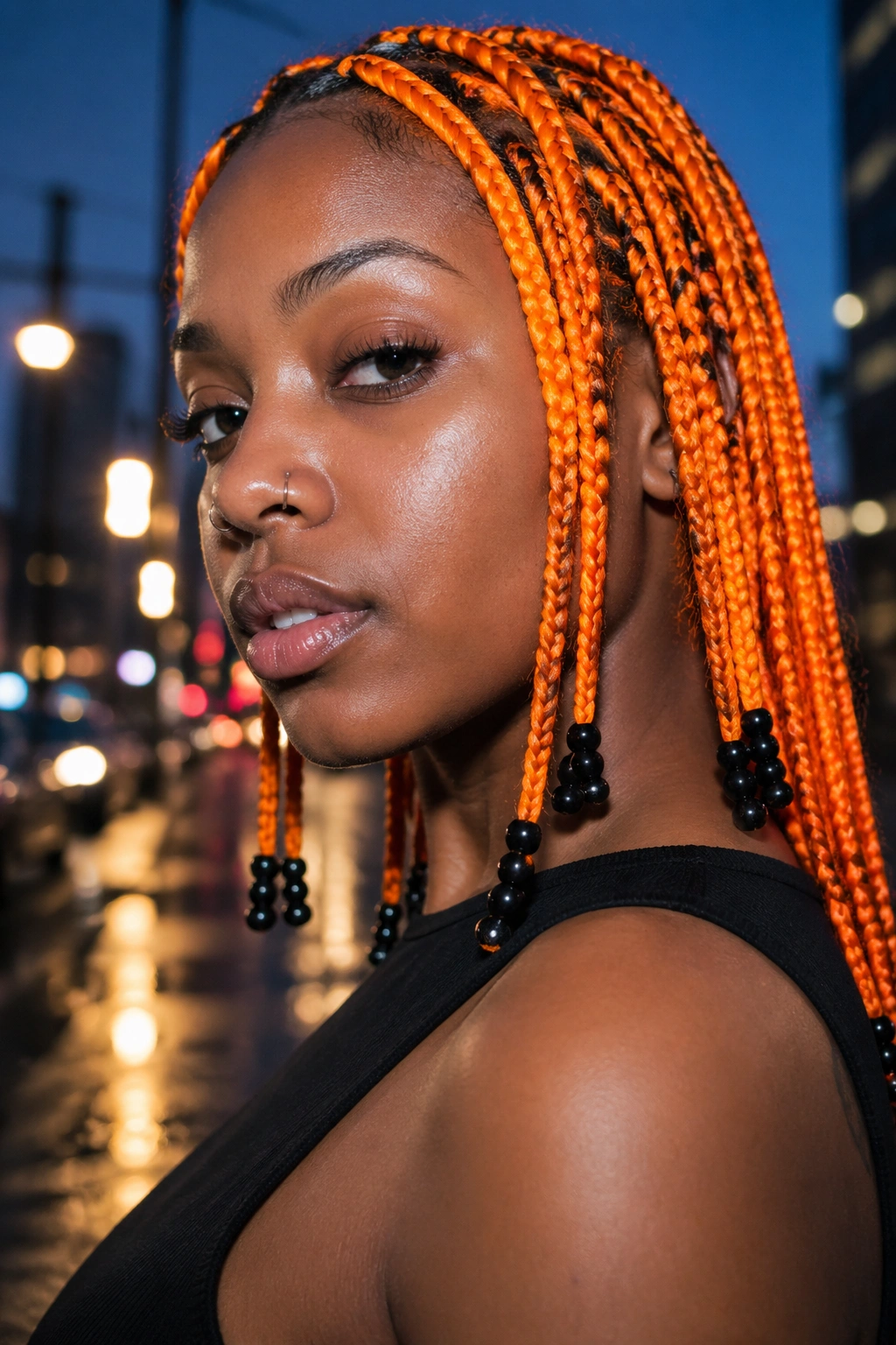 Portrait of a real woman with neon orange braids and jet-black beads