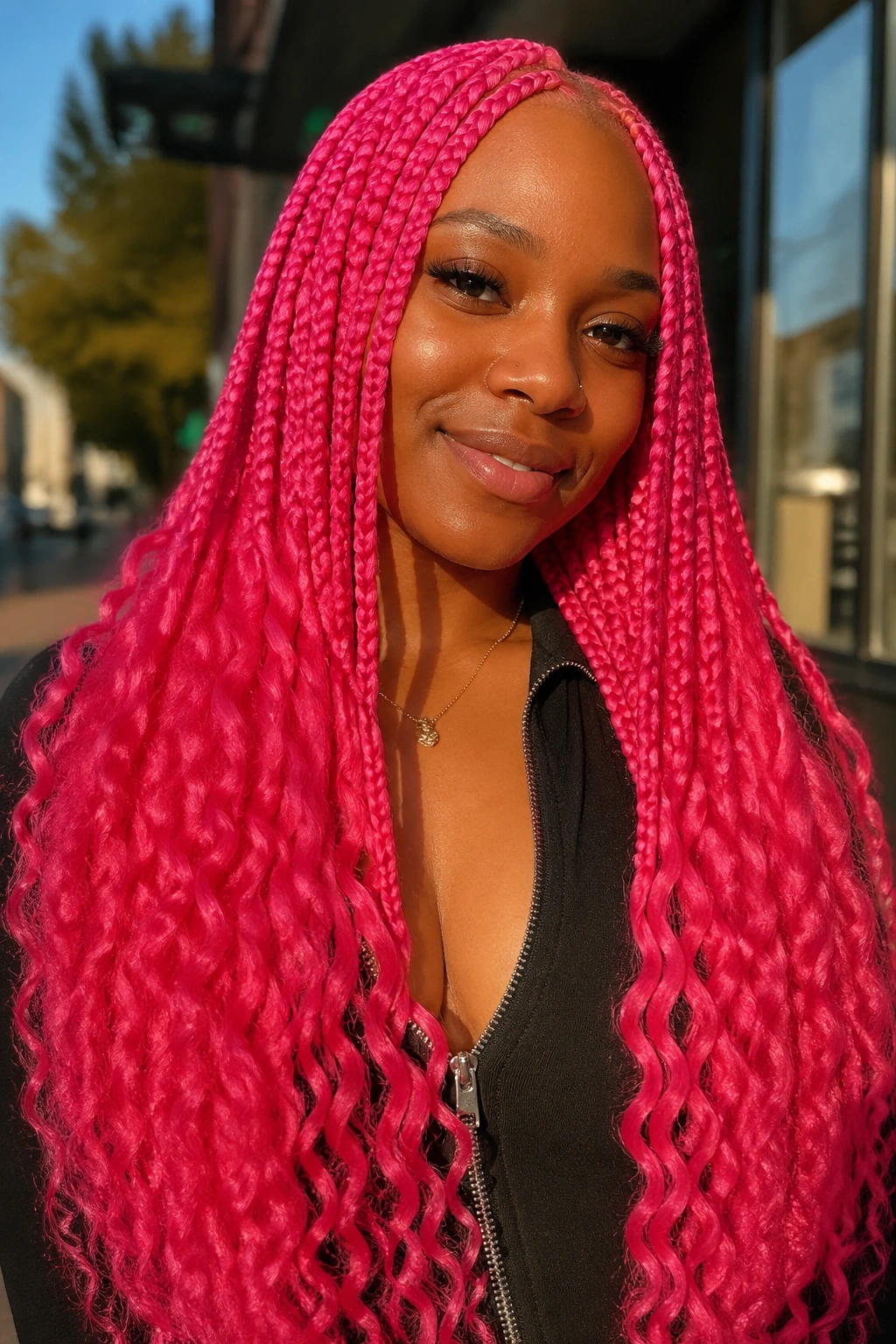 Real-person portrait of neon pink jumbo knotless braids with extra-long curls
