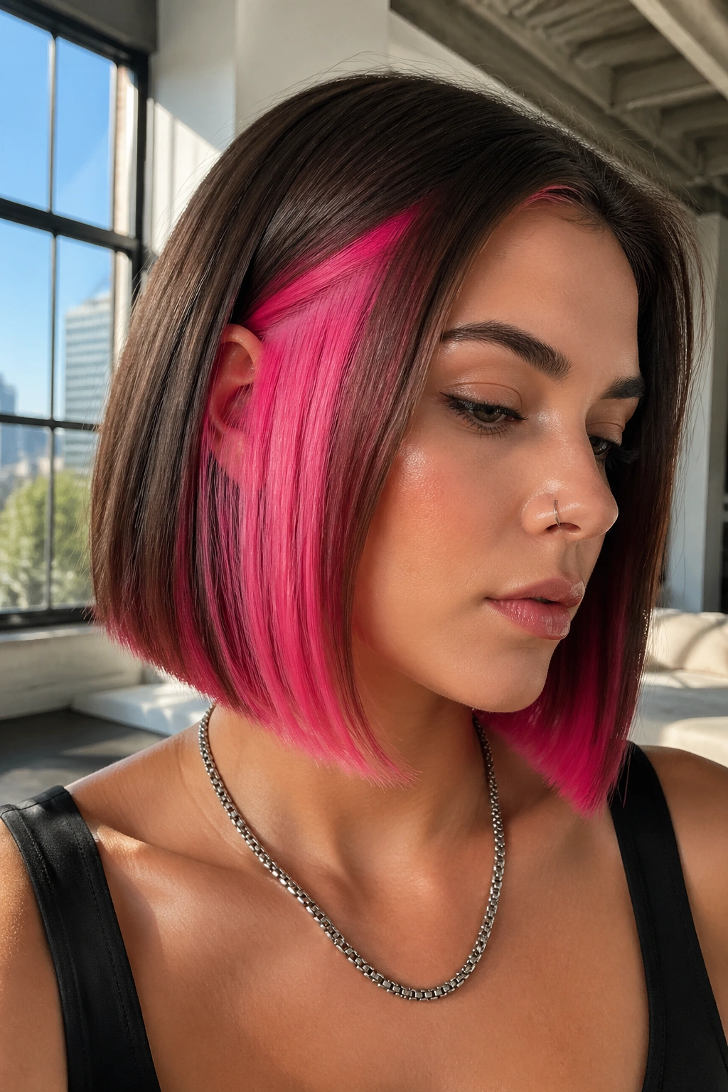 Close-up of straight hair with neon pink panels near temple and nape.