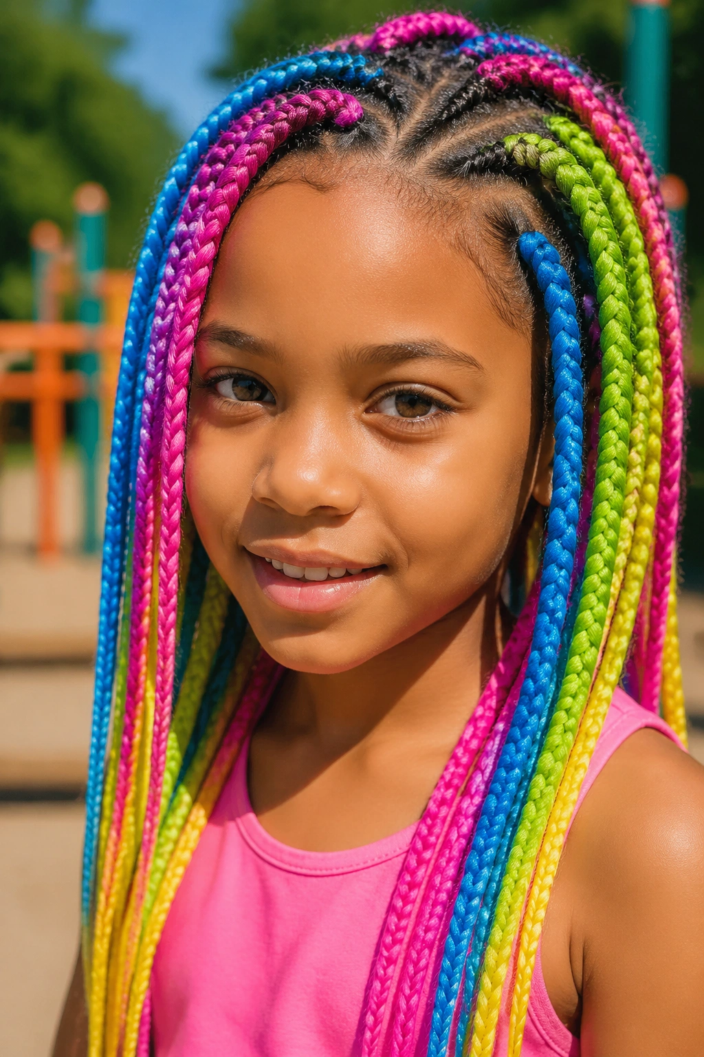 Close-up of a real child with neon rainbow box braids in bold neon colors