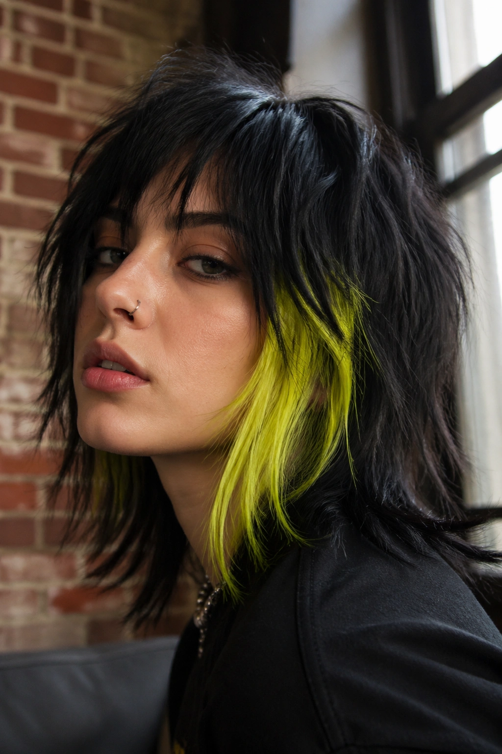 Close-up of dark shag with neon yellow panel in hair