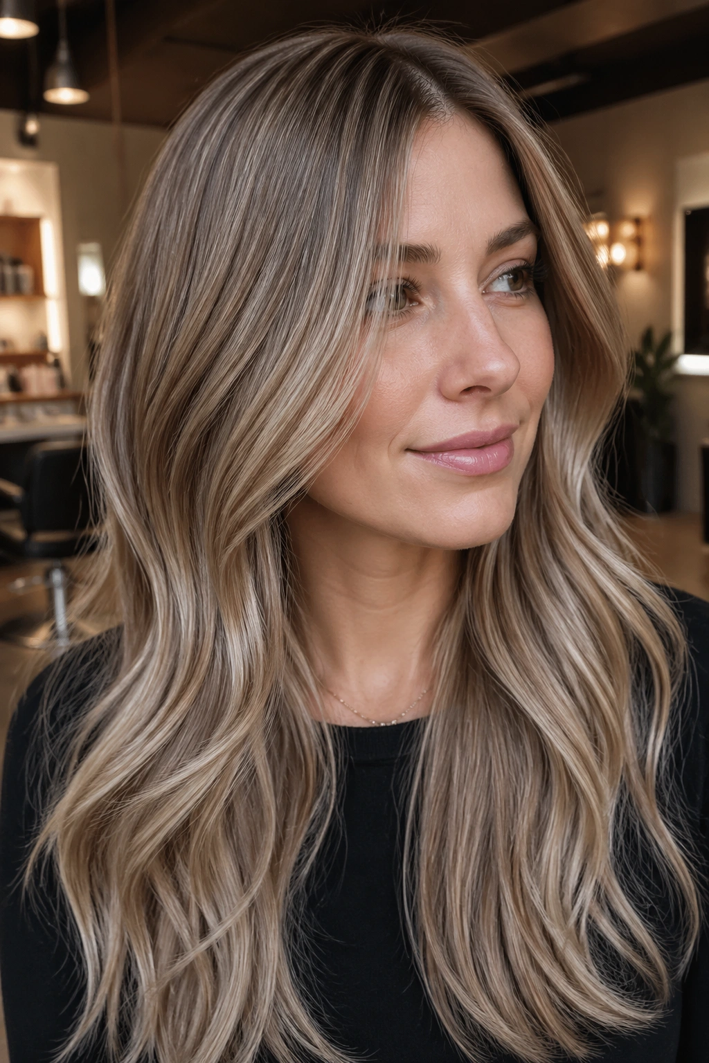 Close-up of a woman with neutral dirty blonde hair and cool gloss.