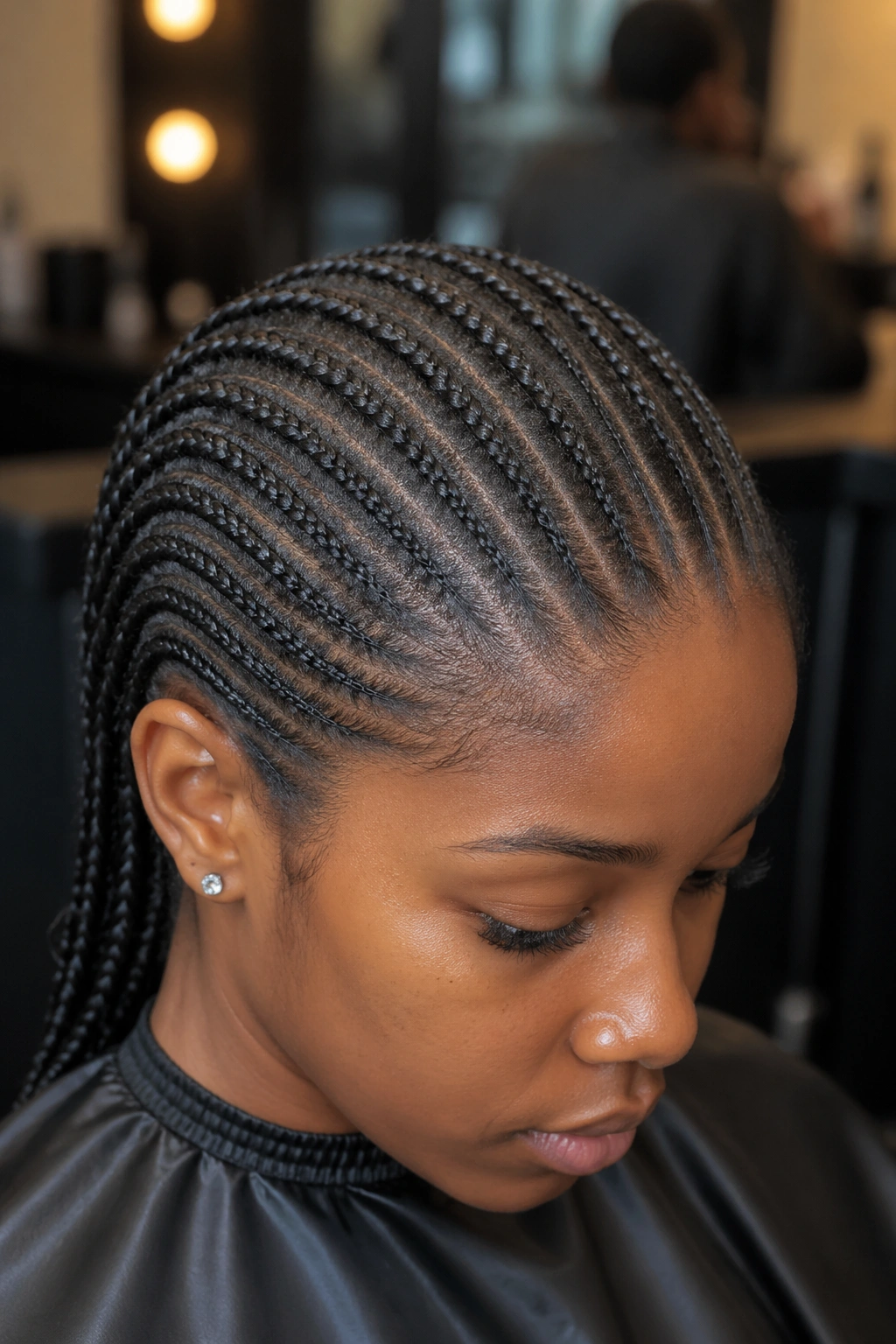 Real person's scalp with no-part cornrows showing a sleek, continuous braid pattern.