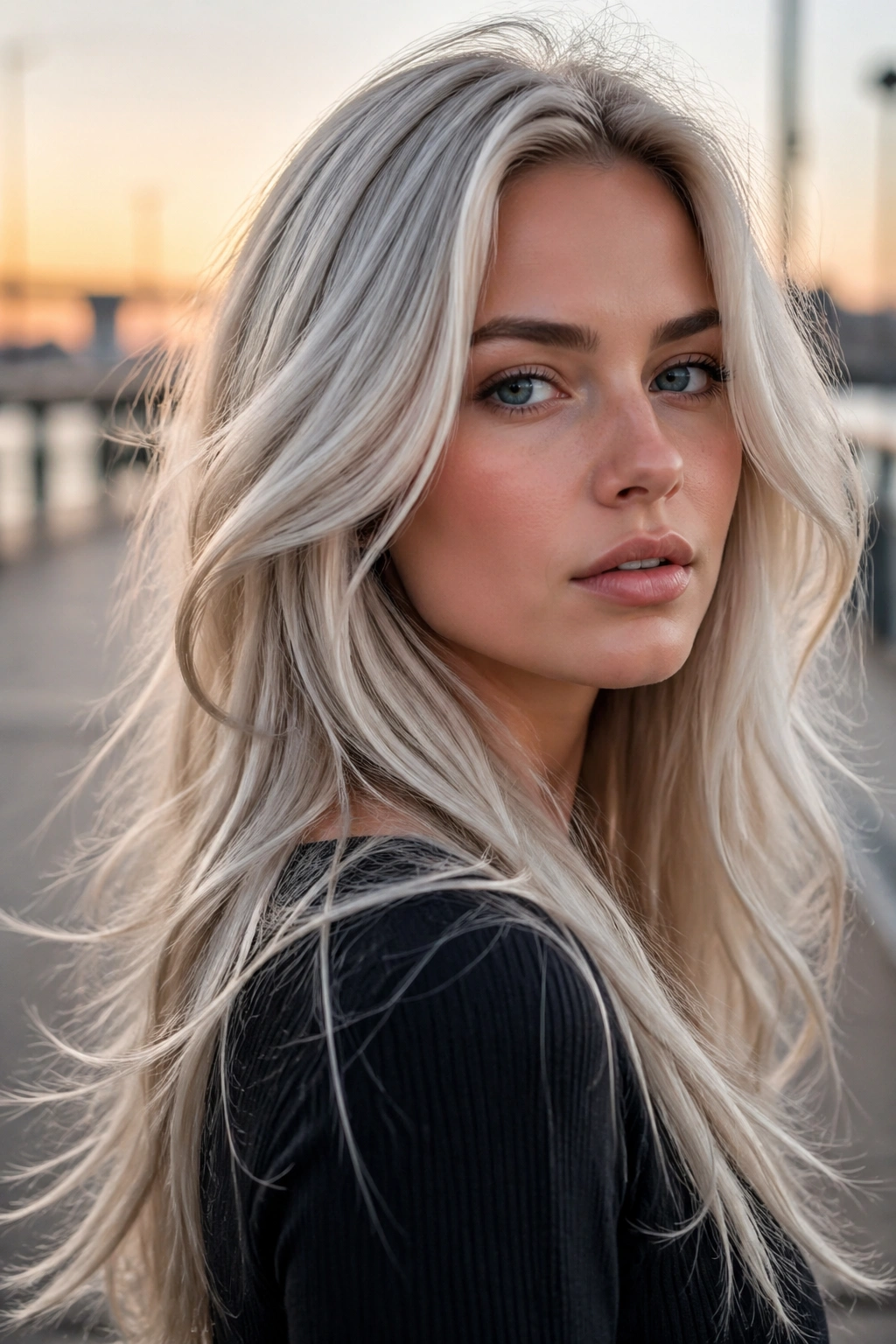 Close-up of a real person with Nordic pale silvery blonde outdoors