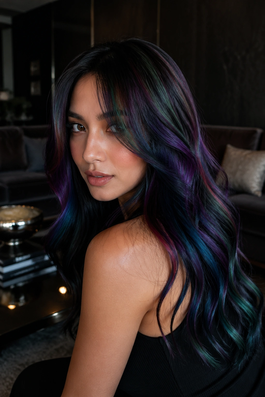 Close-up portrait of a real woman with oil-slick midnight panels.