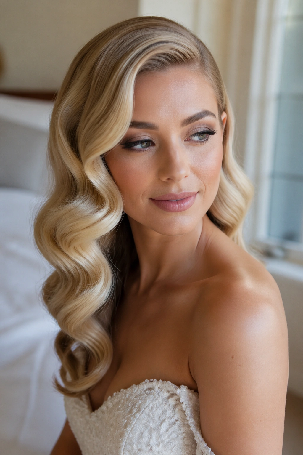 Close-up of a real woman with Old Hollywood waves in champagne blonde.