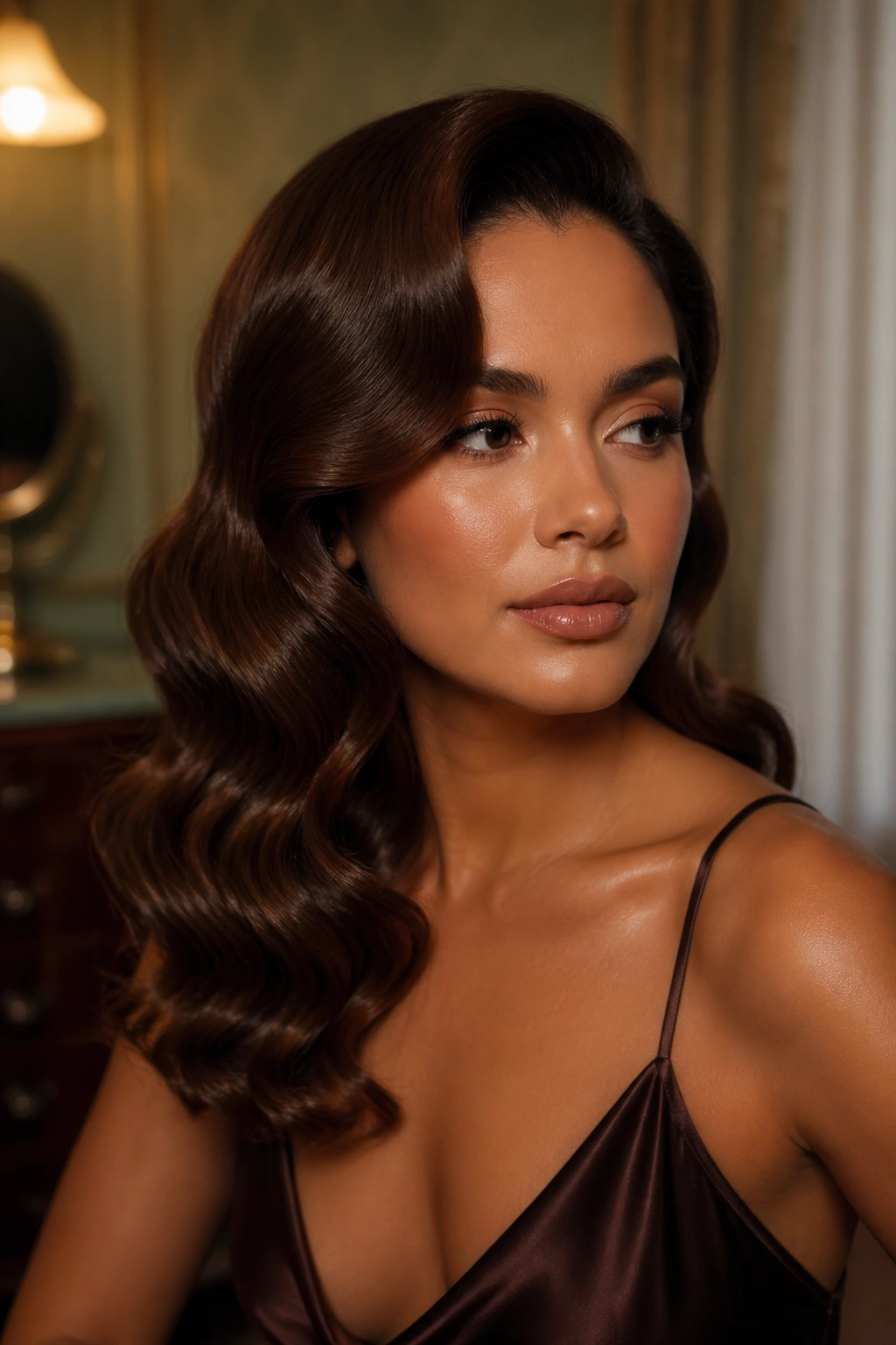Close-up of a real woman with chocolate brown Old Hollywood waves in a vintage-inspired setting.