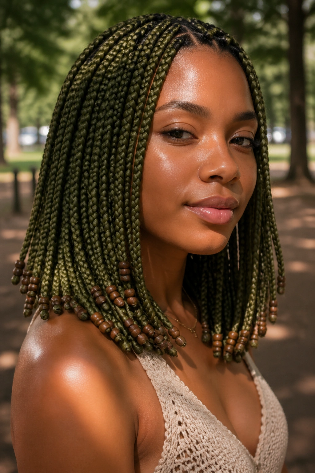 Close-up of olive green box braids with wooden beads on a real person in a park