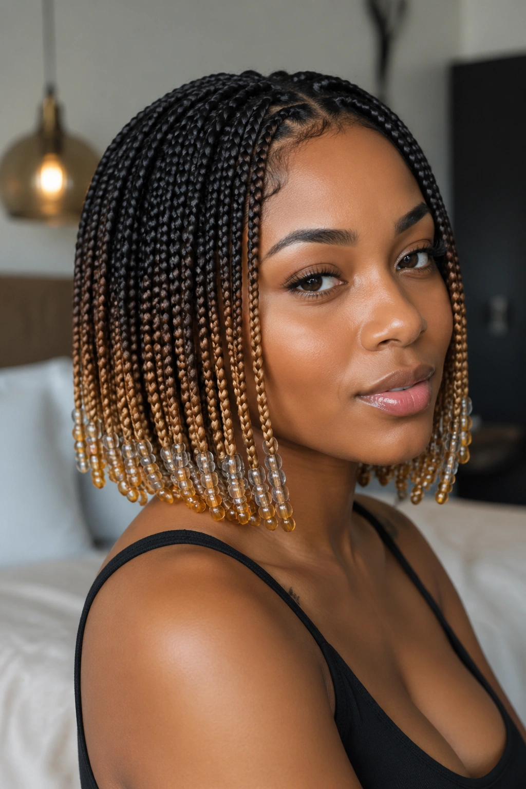 Close-up portrait of a real woman with ombre bob and matching beads