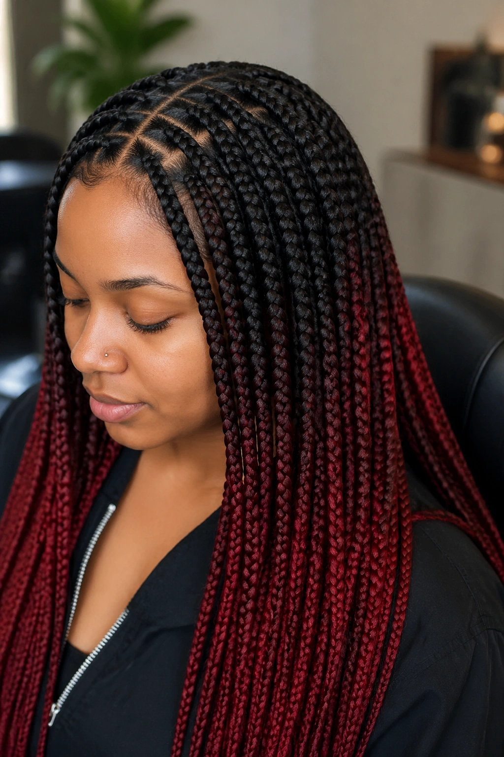 Close-up of a real woman with black-to-red ombré knotless braids