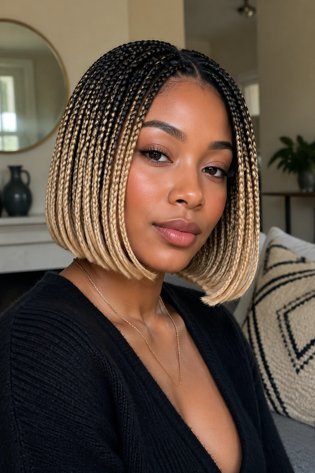 Real person with an ombre dark-root blonde bob and cuffed ends