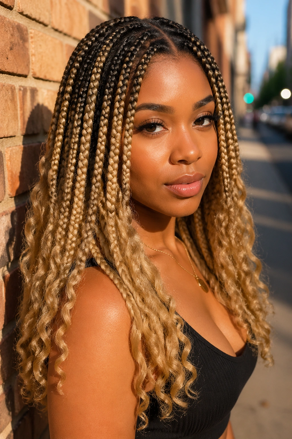 Close-up of ombré blonde box braids with dark roots on a real person.