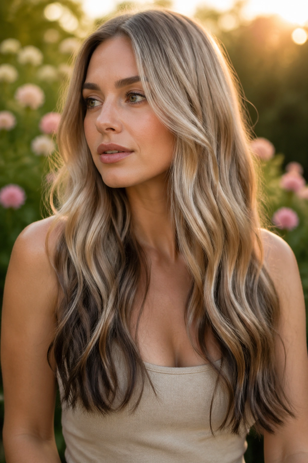 Real woman with soft ombré blonde and shadowy ends in natural light