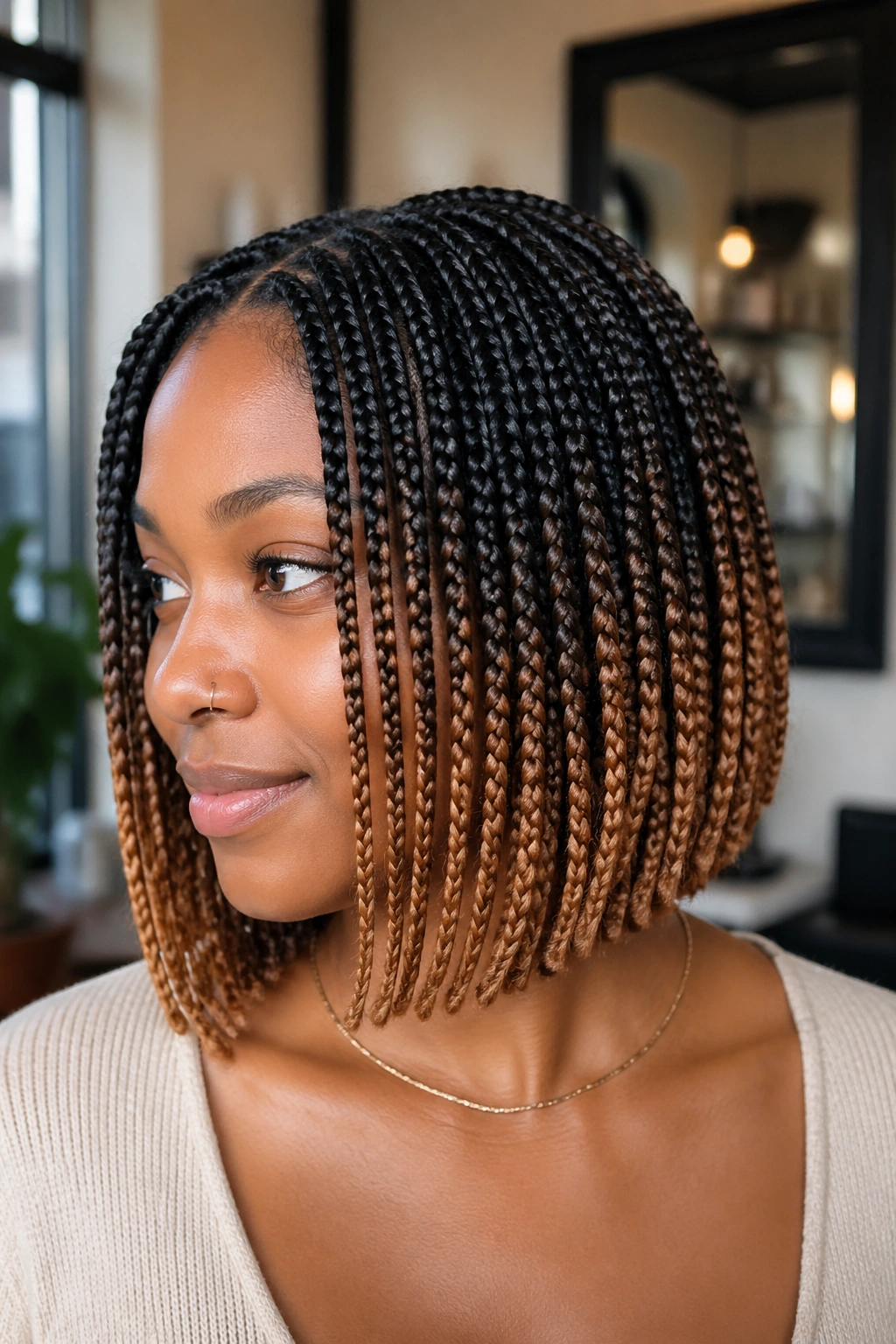 Close-up of real woman with dark roots fading to honey ends in short bob