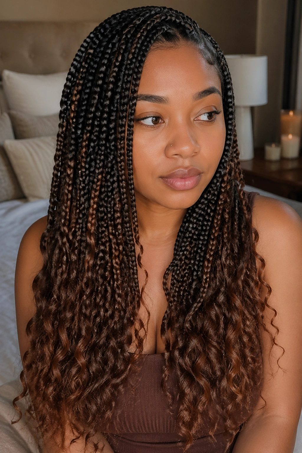 Close-up of a real woman with ombré brown boho box braids in a cozy bedroom