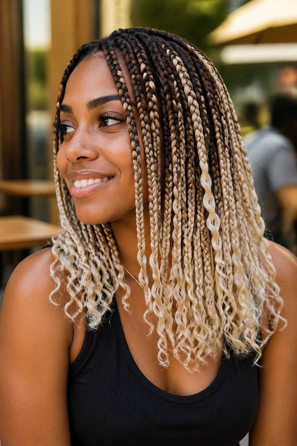 Close-up of a real woman with medium-length brown-to-blonde ombre boho box braids