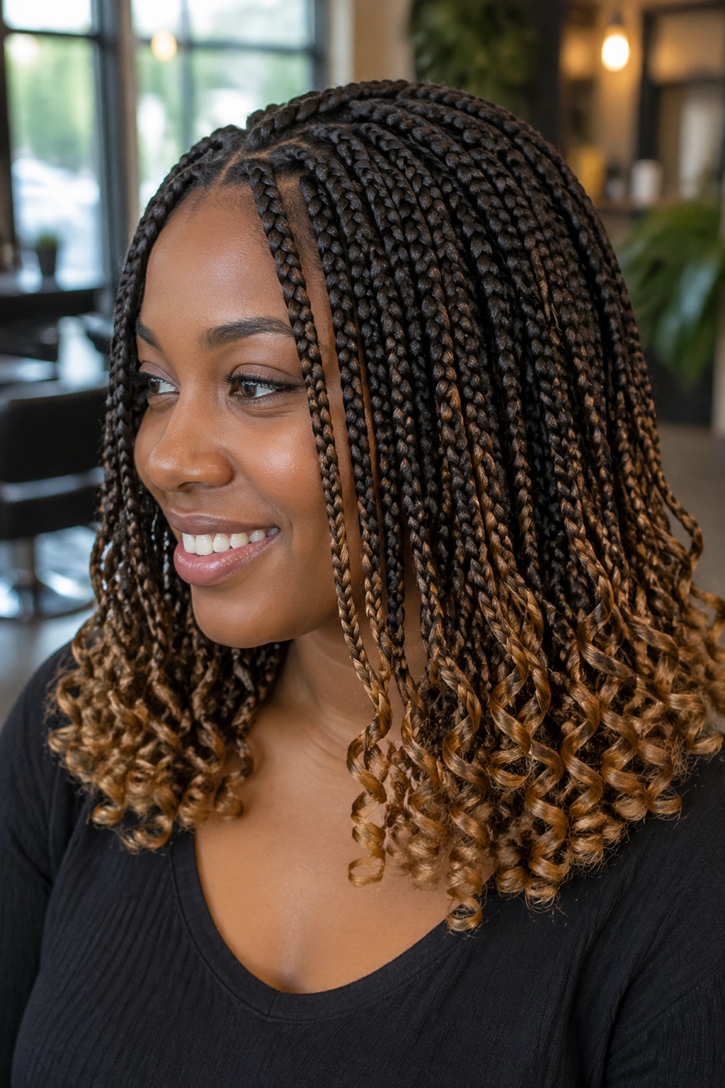 Close-up of a real woman with ombre medium box braids and curly tips, dark roots fading to caramel.