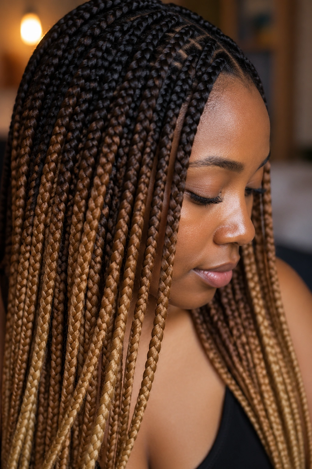 Portrait of a real person with ombre box braids showing gradient color from roots to ends