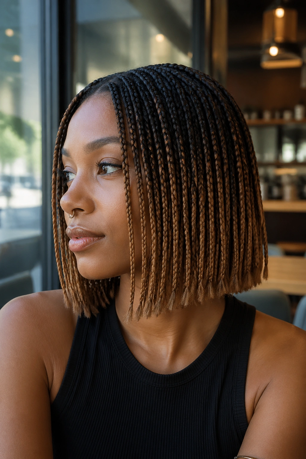 Real person wearing a jaw-length small ombré box braids bob with dark roots and caramel ends.