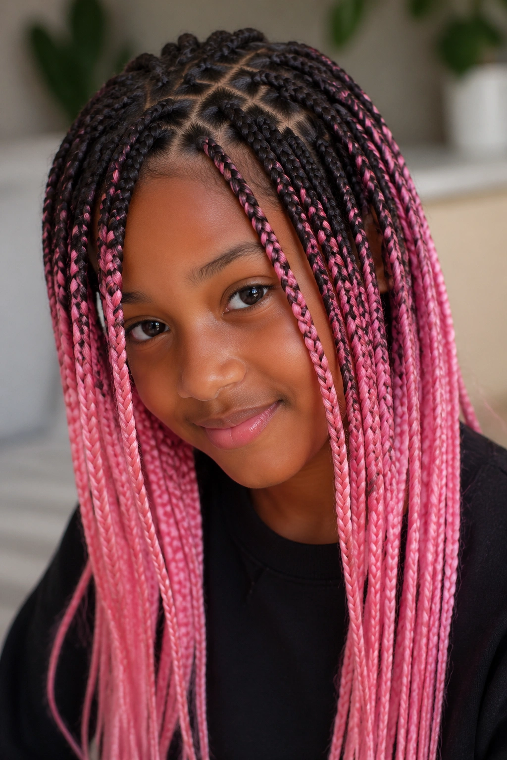 Child with black-to-pink ombré box braids, portrait