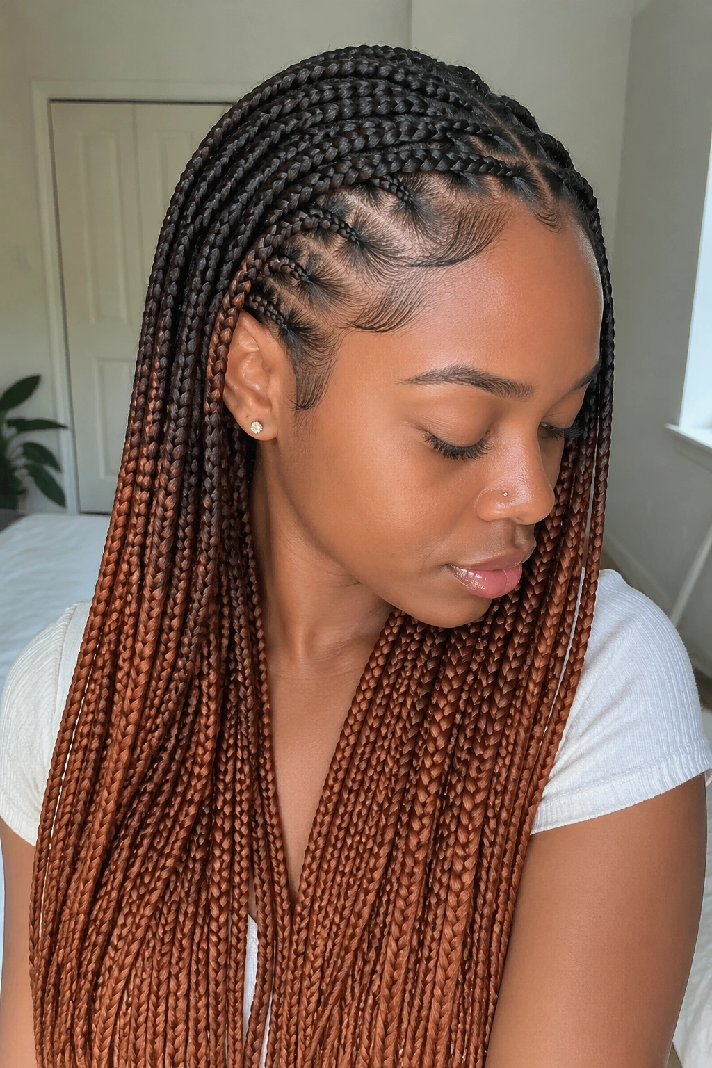 Knotless braids with dark roots fading to copper tips