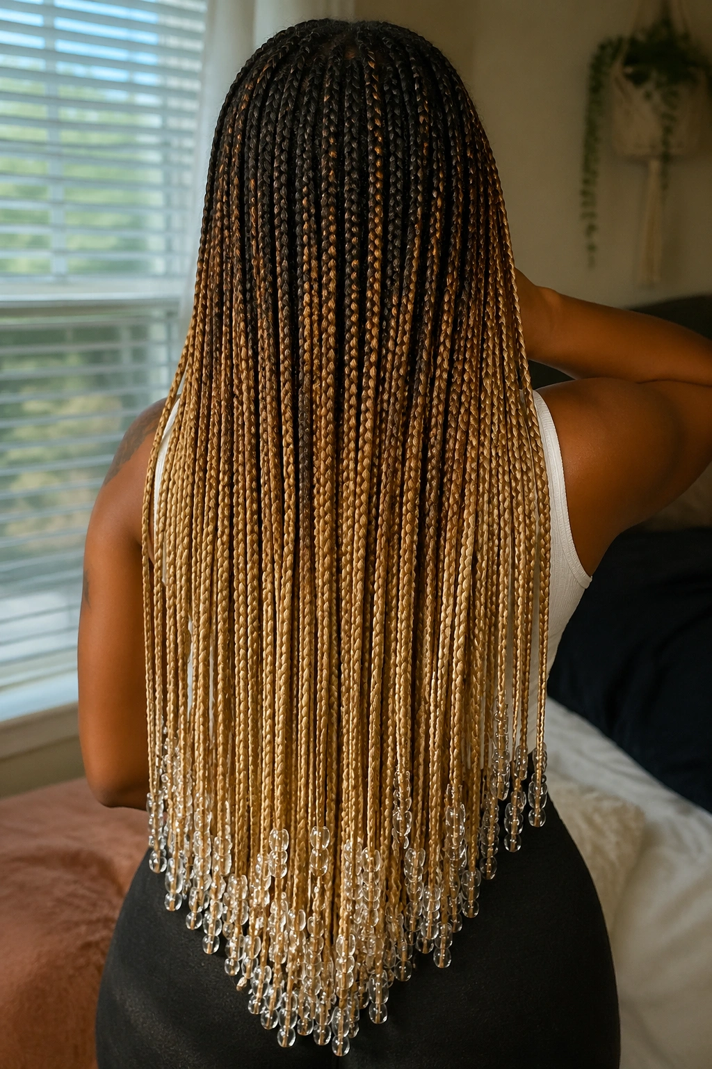 Back view of a real woman with waist-length ombré braids and clear beads