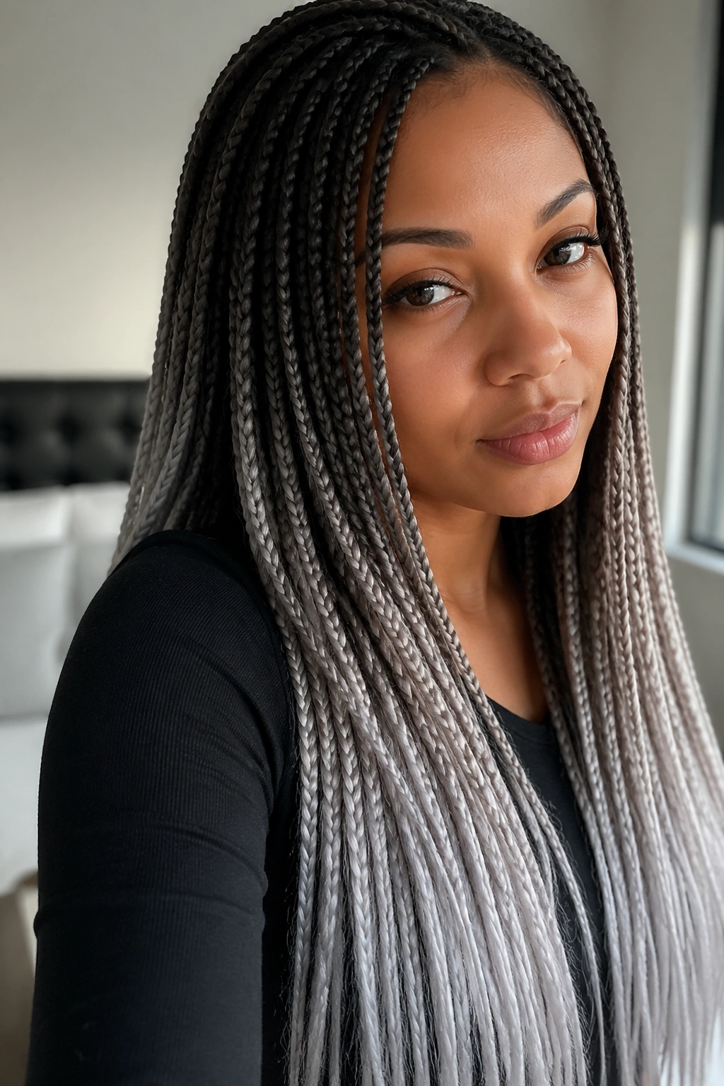 Close-up of a real woman with dark roots fading to silver ombré braids