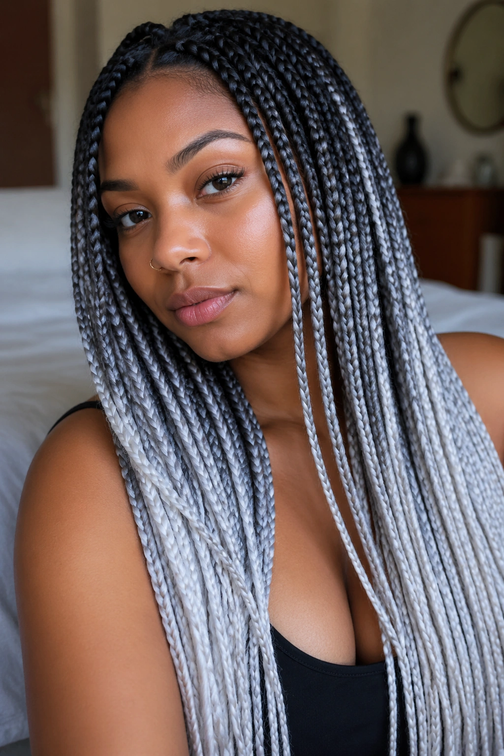 Close-up of a real woman with gray-to-white ombré braids, roots dark fading to white