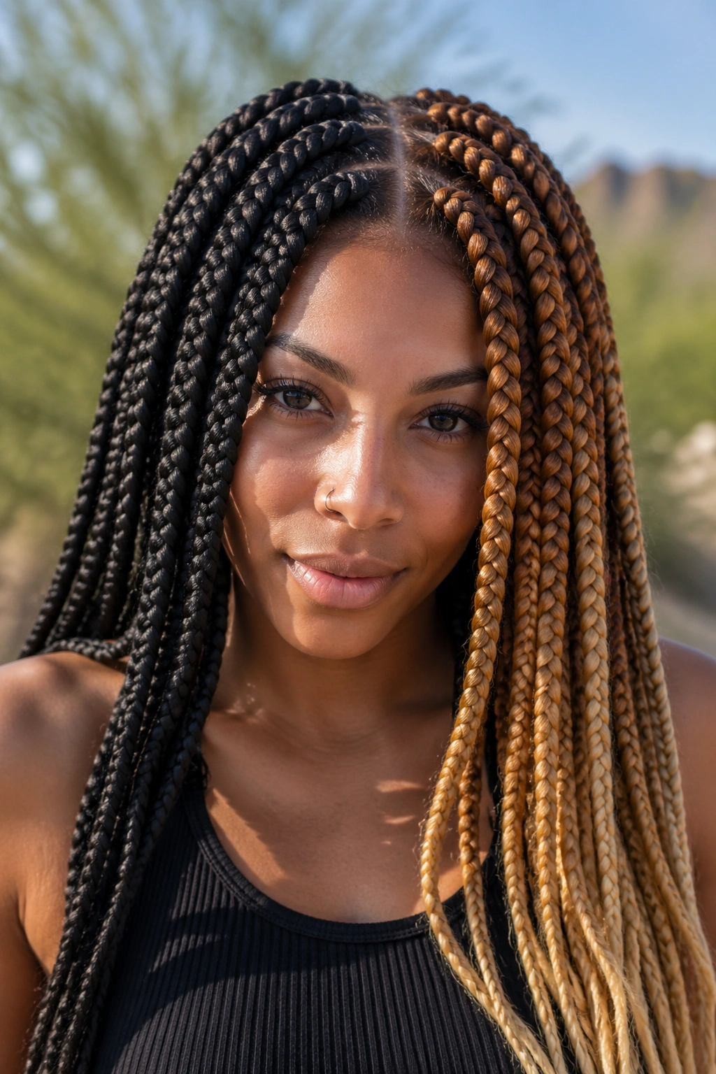 Real person with ombre half-and-half braids showing gradient from root to tip