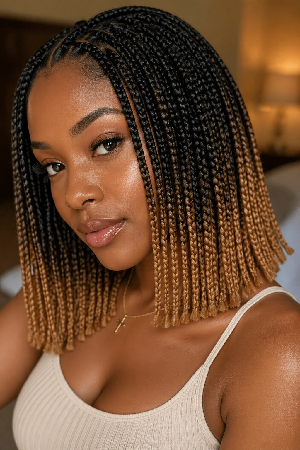 Close-up of a real woman's ombré box braids with honey blonde ends