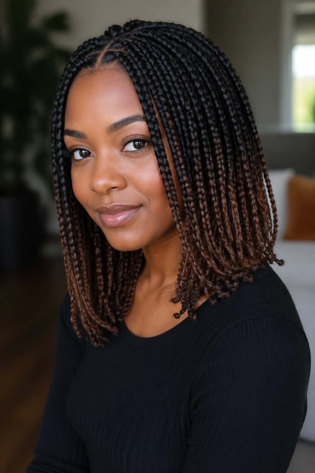 Close-up of a real woman with black-to-brown ombre box braids in natural light