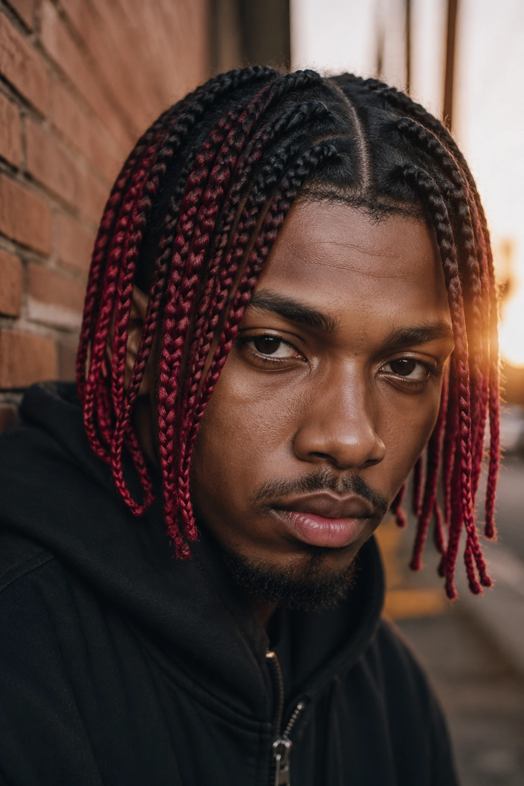 Close-up of a real man with ombre red-to-black braids