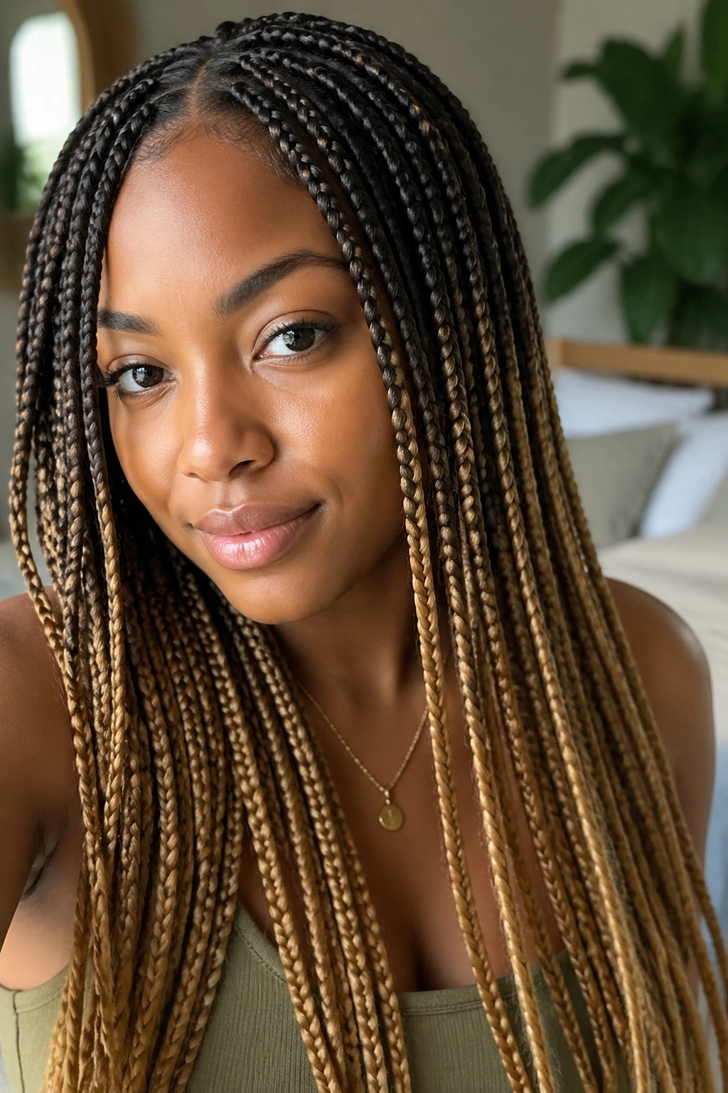 Close-up of soft ombré box braids from roots to ends on a real person.