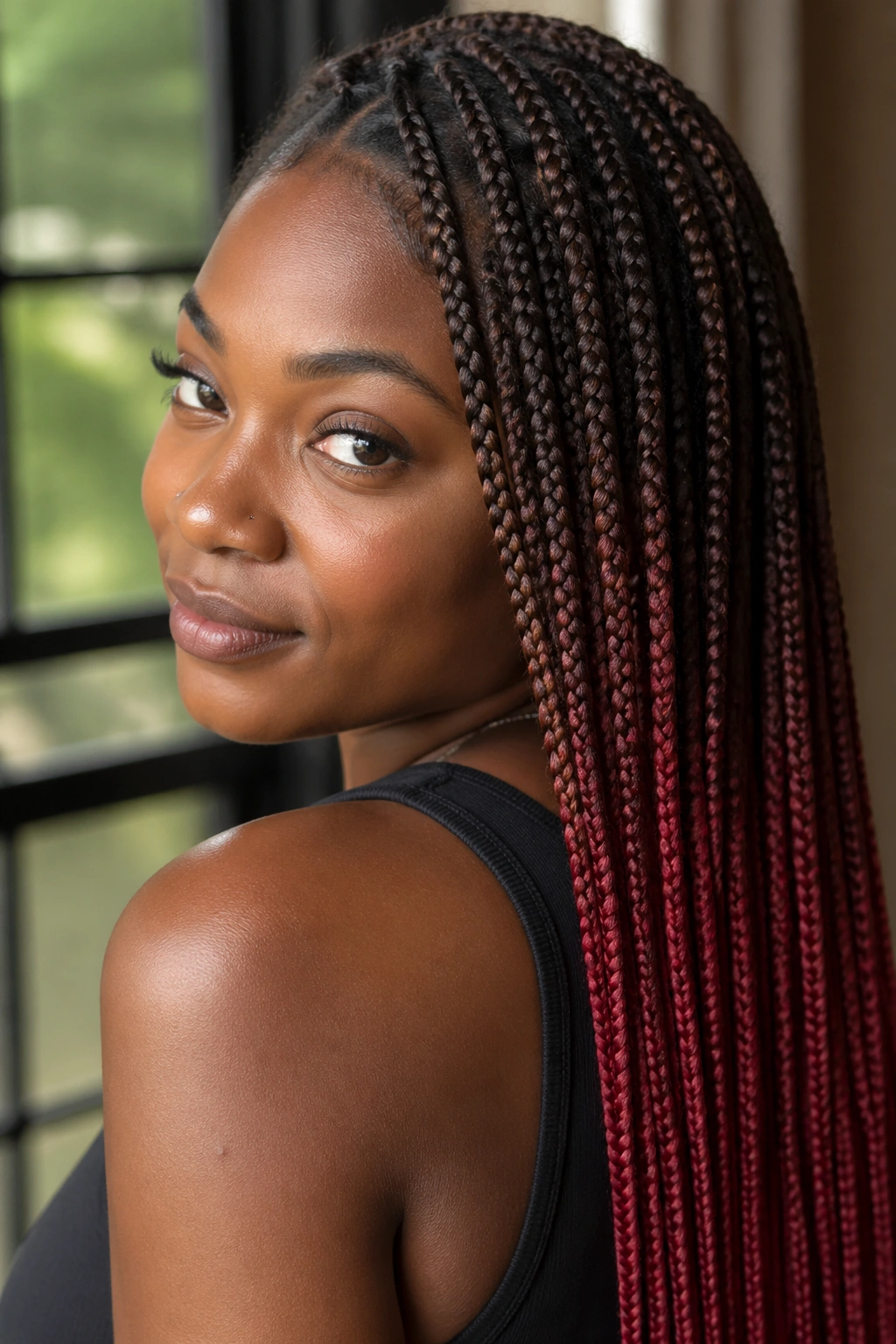 Close-up of a real woman with ombre knotless braids from brown to red