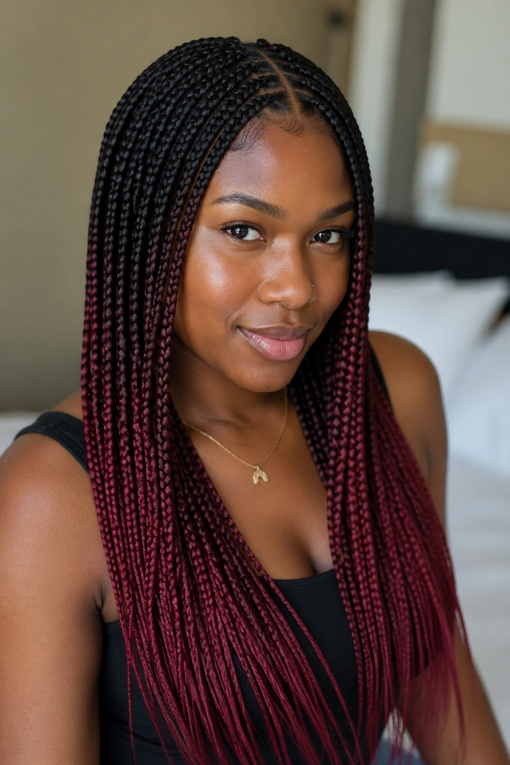 Close-up of burgundy ends on dark-root ombre box braids